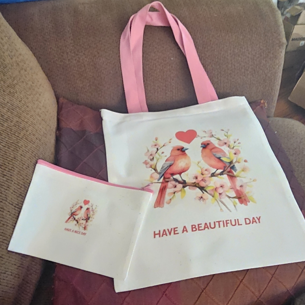 Pink and White Bird Design Tote Bag